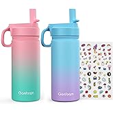 Kids Water Bottle, 2-Pack 16oz Kids Water Bottle with Stickers for School, insulated Stainless Steel Straw Cup(Pink+Blue)
