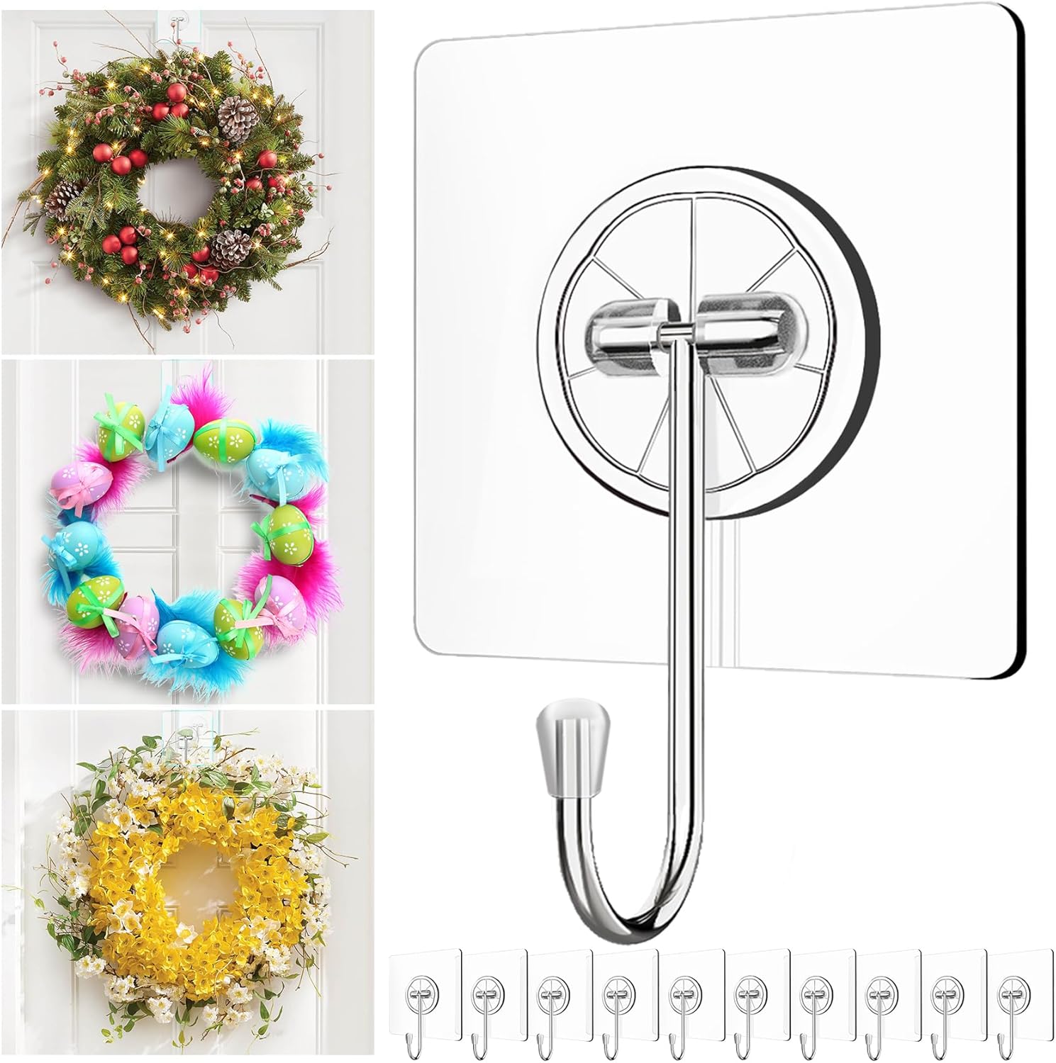 Wreath Hangers - Wreath-Hangers-for-Front-Door,Large Clear Wreath-Door-Hanger-Easter-Christmas-Halloween-Decorations,60lb Over-The-Door-Hooks Glass Door,Adhesive-Wall-Hooks for Hanging Wreath Home-Decor Inside Outside