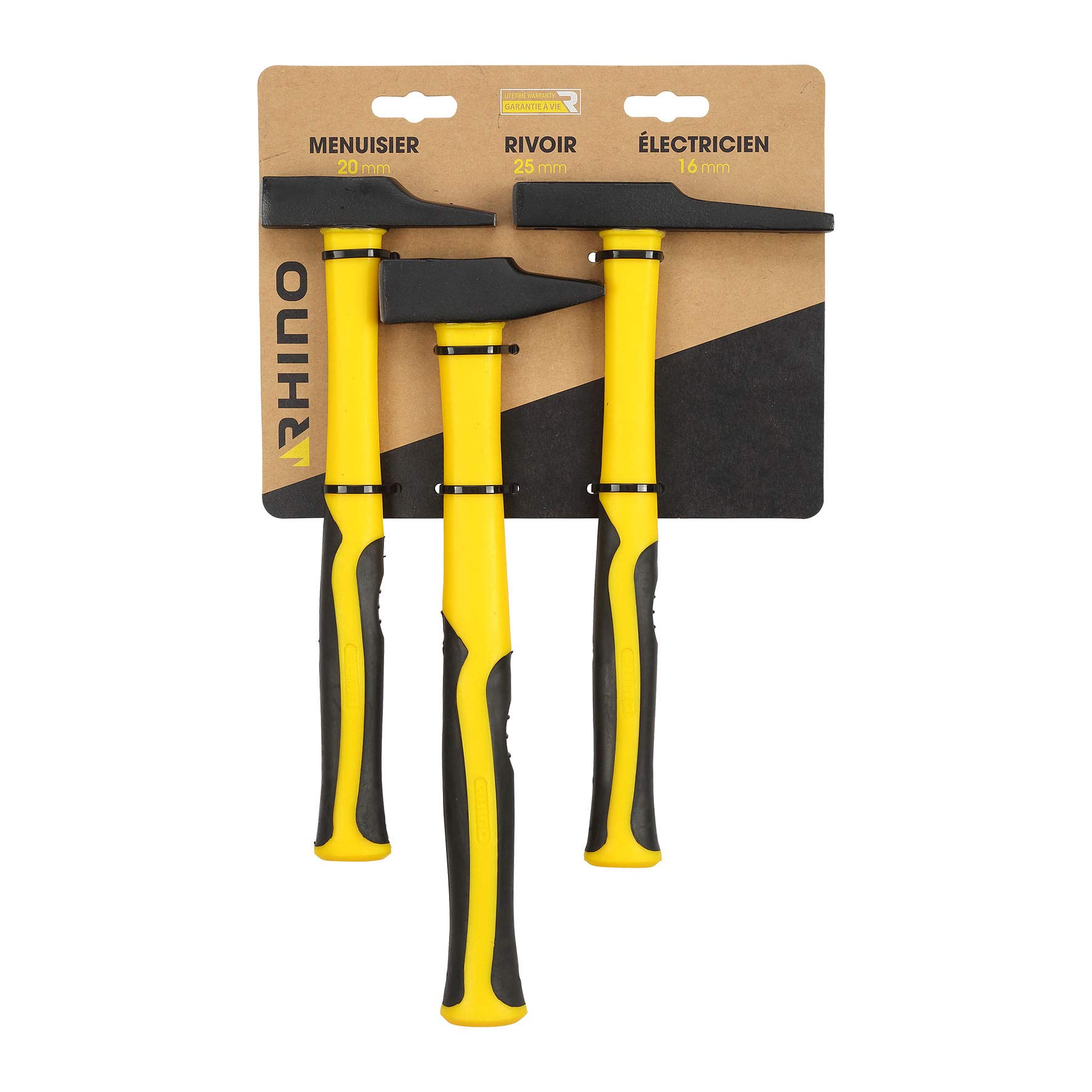 Rhino 18922 Set of 3 Hammers (Electrician, 16 mm, 25 mm Riveter, 20 mm Carpenter) – Ergonomic Tri-Material Unbreakable Handle