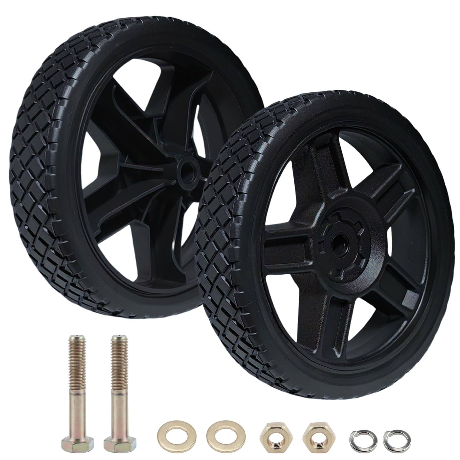 Photo 1 of 8 Inch Lawn Mower Wheels 2-Pack with Bolt and Lock Nut Kit, 8 Inch Plastic Replacement wheels for Standard Push Mowers Carts Generators Garden Tillers