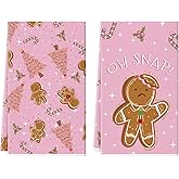 QIONG MENG Gingerbread Decor Christmas Kitchen Towels Set of 2 Christmas Tree Candy Cane Pink Absorbent Hand Towel Dish Towels for Kitchen Home Decoration 18x26 Inch