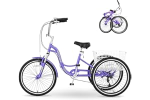 MOPHOTO Adult Folding Tricycle 7 Speed 20/24/26 Inch Adult Tricycles Three Wheel Bike Cruiser Trike with Low-Step Through Frame/Large Basket/Adjustable Seat