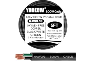YDDECW 5ft 6/3 6 AWG Portable Power Cable (3 Conductor) - SOOW 600V 6 Gauge Electric Wire for Motor Leads, Portable Lights, Battery Chargers and Machinery - 3 Conductor - 5 Feet Electrical Cord