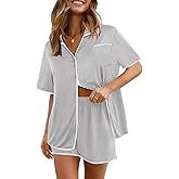 Ekouaer Pajamas Set for Women Short Sleeve Casual Sleepwear Button Down Pj Sets Shorts Soft Loungewear for Summer,S-XXL