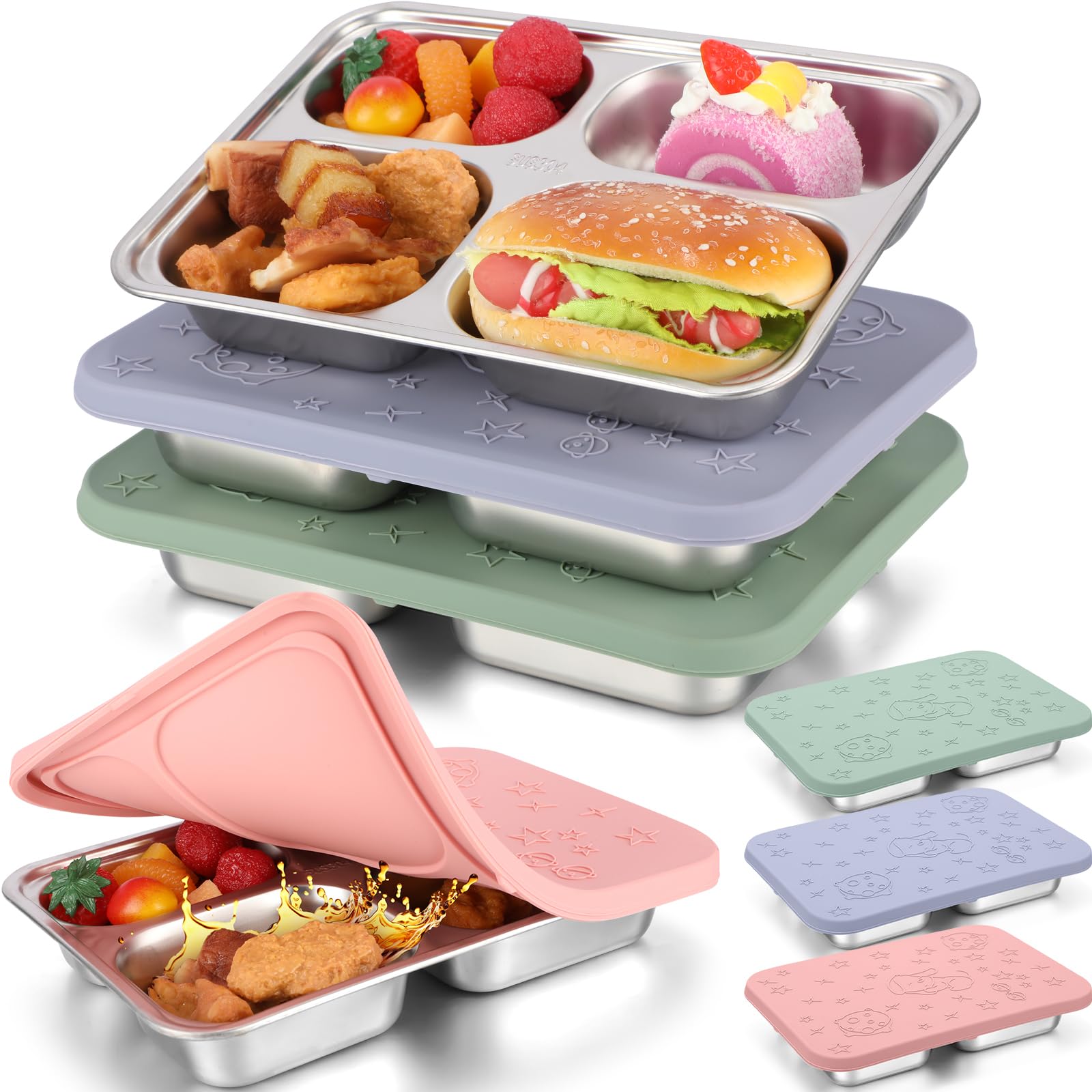 Photo 1 of Tioncy 3 Pcs Leakproof Stainless Steel Bento Box, Divided Lunch Containers with Silicone Lid for Kids Adults, Dishwasher Freezer Safe Food Storage Containers for School Work Office