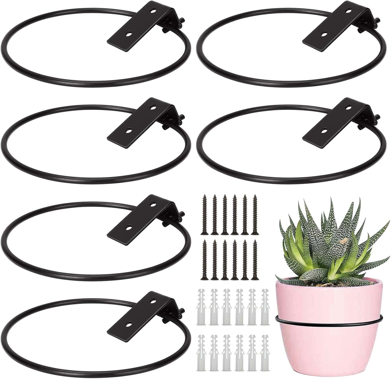 Outdoor Hanging Brackets - 6 Inch Plant Holder Ring Wall Mounted, 6-Pack Flower Pot Holder Ring with Screws, Collapsable Metal Planter Hooks Hanger Wall Bracket for Outdoor/Indoor Home Decoration, Black