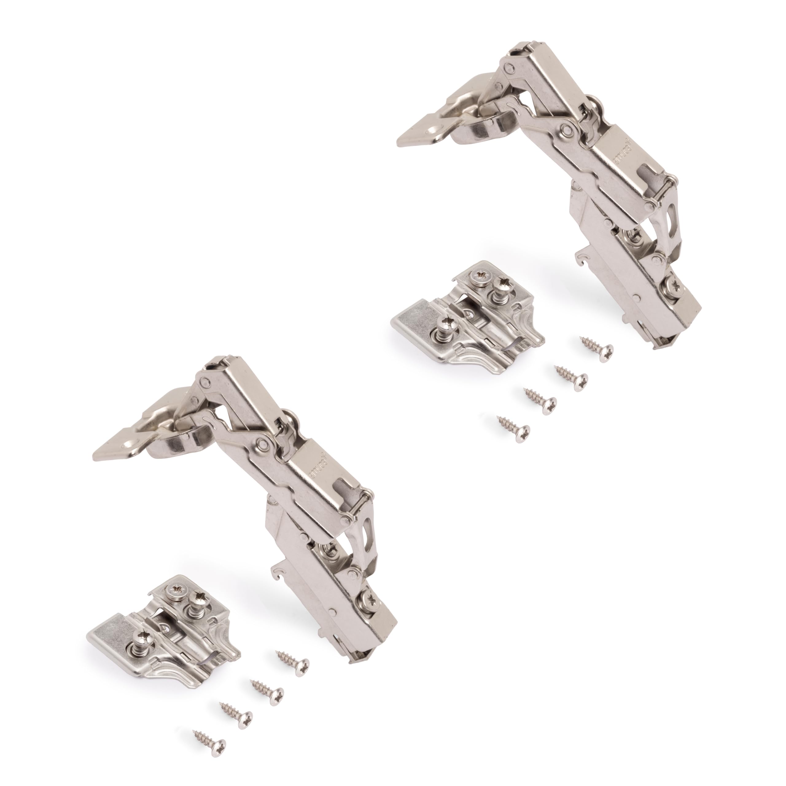 Emuca - Pack of 2 X91 Half Overlay Hinges Opening 165 Degrees with Soft Closing and Euro Screw-in Plates, Height 0, Steel, Nickel Plated