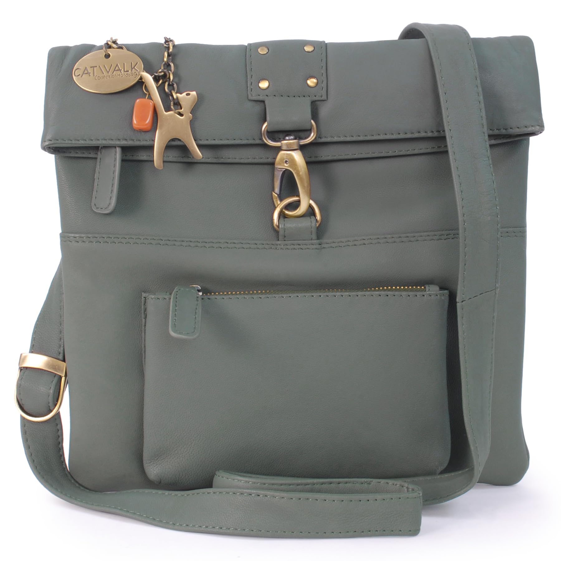 Catwalk Collection Handbags - Women's Leather Anti Theft Cross Body Bag - Small Messenger Bag - Adjustable Shoulder Strap - Dispatch - Dark Green