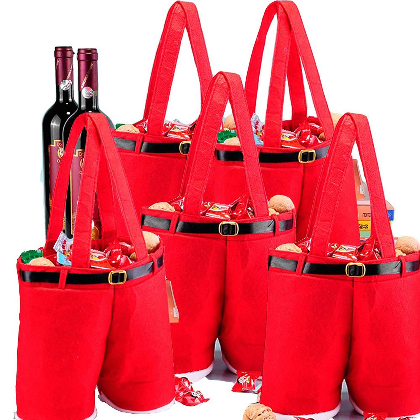 MSQ 5PCS Christmas Table Decorations Gift Bags Candy Bags Santa Pants Style Lovely Treat Bags Christmas Wine Bottle Bags Best for Xmas Decorations New Year Big Size
