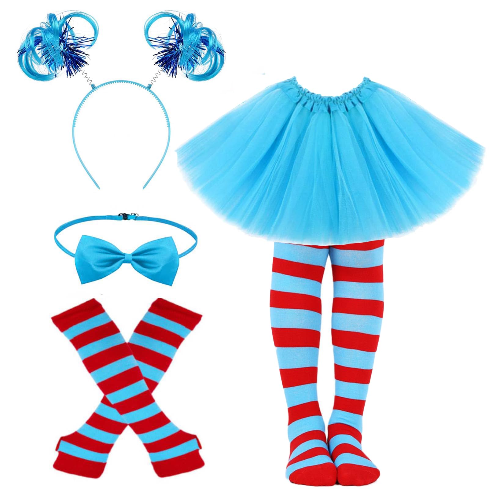 Photo 1 of JcHrmers Cat Thing Costume Accessories Include Blue Ponytails Headband Bowtie Gloves Socking Blue Tutu Skirt for Book Week (1 Set)