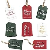 Beautiful Christmas Gift Tags - 48-Pack Holiday Labels with 16.4ft Jute Twine, 8 Unique Designs Double-Sided with to/from Area, Paper Tags for Wrapping, DIY, Holiday Presents & Xmas Decorations
