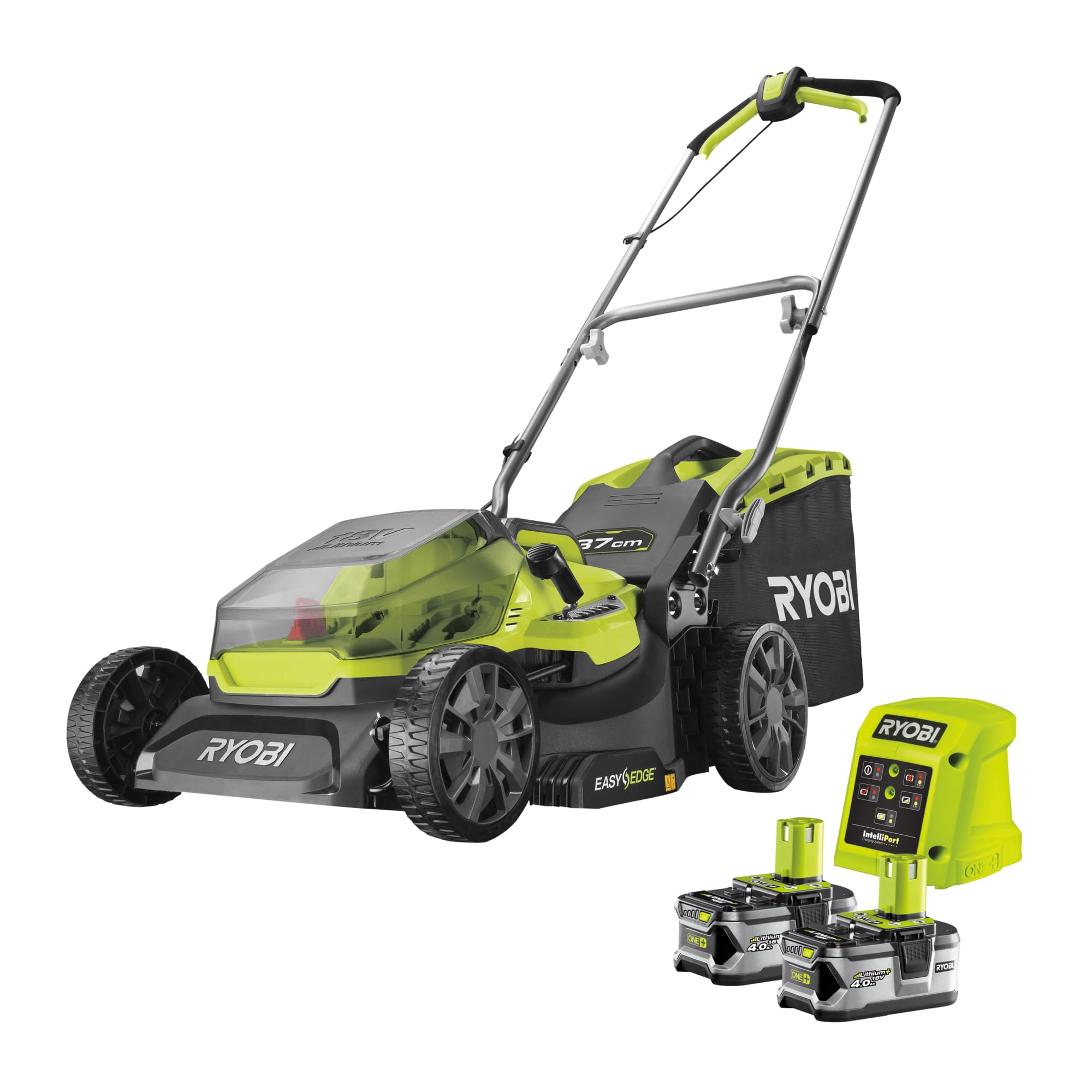 RYOBI 18 V ONE+ Akku-Rasenmäher RY18LM37A-240 – 37 cm Schnittbreite, inkl. 2 x 4.0Ah Akku & Ladegerät, für mittlere Rasenflächen bis 249 m²