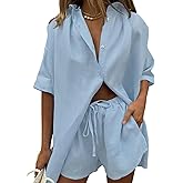 Fixmatti Women 2 Piece Outfits Long Sleeve Button Down Blouse and Shorts Sweatsuit Sets