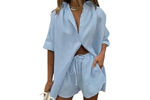 Fixmatti Women 2 Piece Outfits Long Sleeve Button Down Blouse and Shorts Sweatsuit Sets