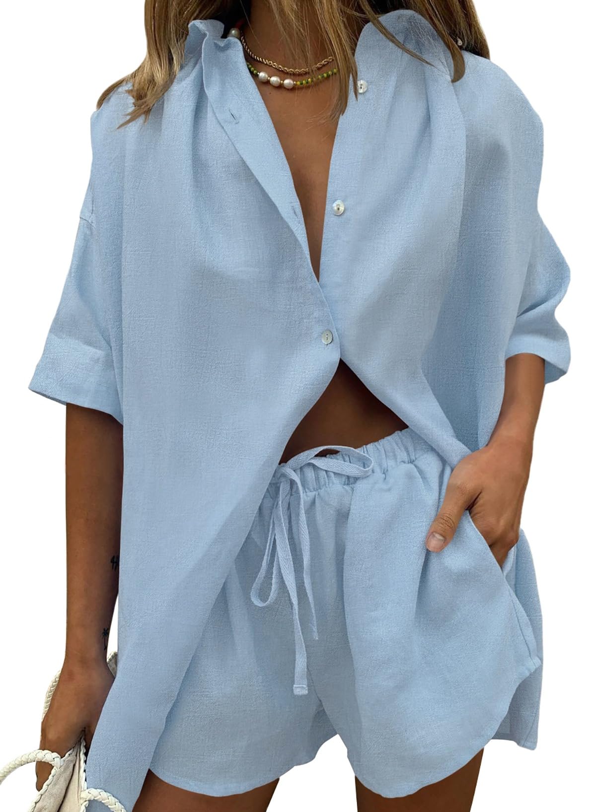 Photo 1 of ***SHIRT ONLY*** 
Fixmatti Women 2 Piece Outfit Linen Short Set Button Down Shirt High Waisted Shorts Blue M