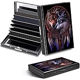 DHYYDSQZ Credit Card Holder, Wolf Dream Catcher Design Mini RFID Blocking Aluminum Wallet Slim Metal Hard Case Shell Travel Wallet ID Case Small Credit Cards Case Business Cards for Women Men Girls