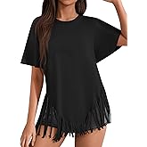 Remidoo Womens Fringe Top Oversized T Shirt Round Neck Short Sleeve Tee Shirts