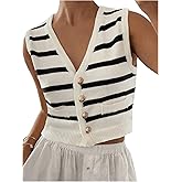 SOLY HUX Women's Striped Print Button Down Sweater Vest V Neck Sleeveless Knitted Tank Tops