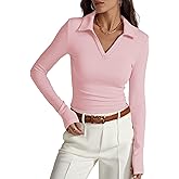 Prettywear Womens Long Sleeve Polo Shirts Business Casual Work Top Blouse Fitted Collared V Neck 2026 Spring Fashion Clothing