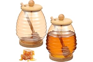 450ml Honey Jar with Dipper and Lid Glass Honey Pot Container with Bamboo Base Tray and Bamboo Lid Wide Mouth Syrup Dispenser