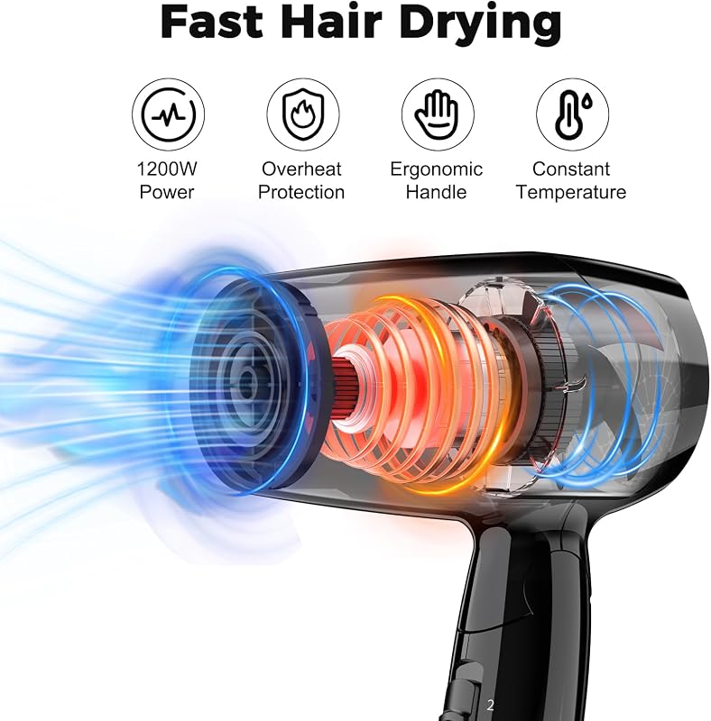 Mini Sèche-Cheveux Pliable de Voyage, Sèche-Cheveux Compact 1200W Avec 2 Réglages de Chaleur et Vitesse, Buse de Précision, Cordon 1,8 m, Léger Pour Voyage, Maison, Hôtel ou Dortoir, Noir