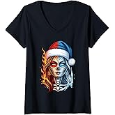 Womens Christmas Sugar Skull Art Woman Santa Hat Fantasy Style V-Neck T-Shirt