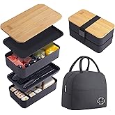 Japanese Bamboo Bento Box with Compartments and Utensils Stackable Lunch Box Includes Lunch Bag for Meal Prep Black