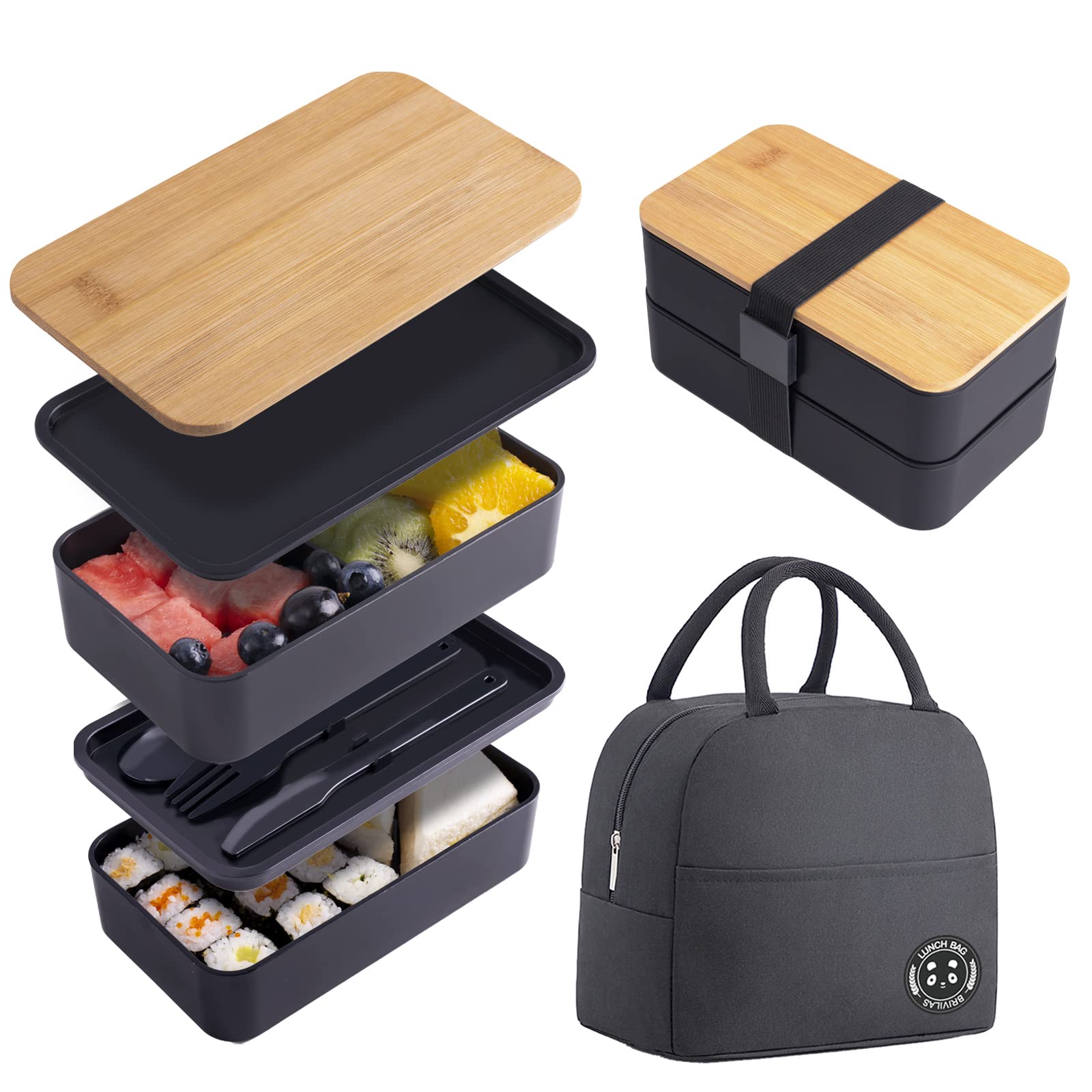 Photo 1 of ***(PARTS ONLY/ MISSING PARTS)***Japanese Bamboo Bento Box with Compartments and Utensils Stackable Lunch Box Includes Lunch Bag for Meal Prep Black