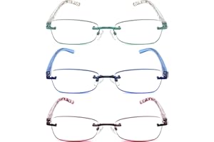 JJWELL 3 Pack Blue Light Blocking Reading Glasses for Women, Anti Eyestrain/Computer Glare UV 400 Filter Readers with Spring Hinge, Lightweight Rimless Tinted Metal Blue Rays Eyeglasses (1.75)
