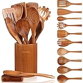 Mooues 12 Piece Wooden Spoons for Cooking, Wooden Utensils for Cooking with Utensils Holder, Natural Teak Wooden Kitchen Utensils Set with Wooden Spoon Rest, Comfort Grip