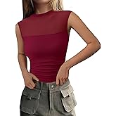 PRETTYGARDEN Women's Summer Sheer Mesh Tank Tops 2025 Trendy Casual Sleeveless Mock Neck Ruched Slim Fitted Going Out Shirts