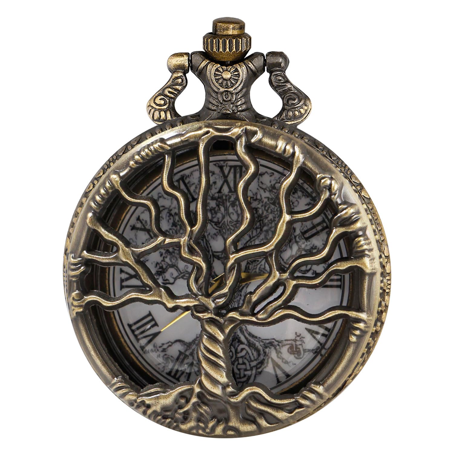 Tiong Tree of Life Pocket Watch Vintage Quartz Men's FOB Pocket Watches with Chain