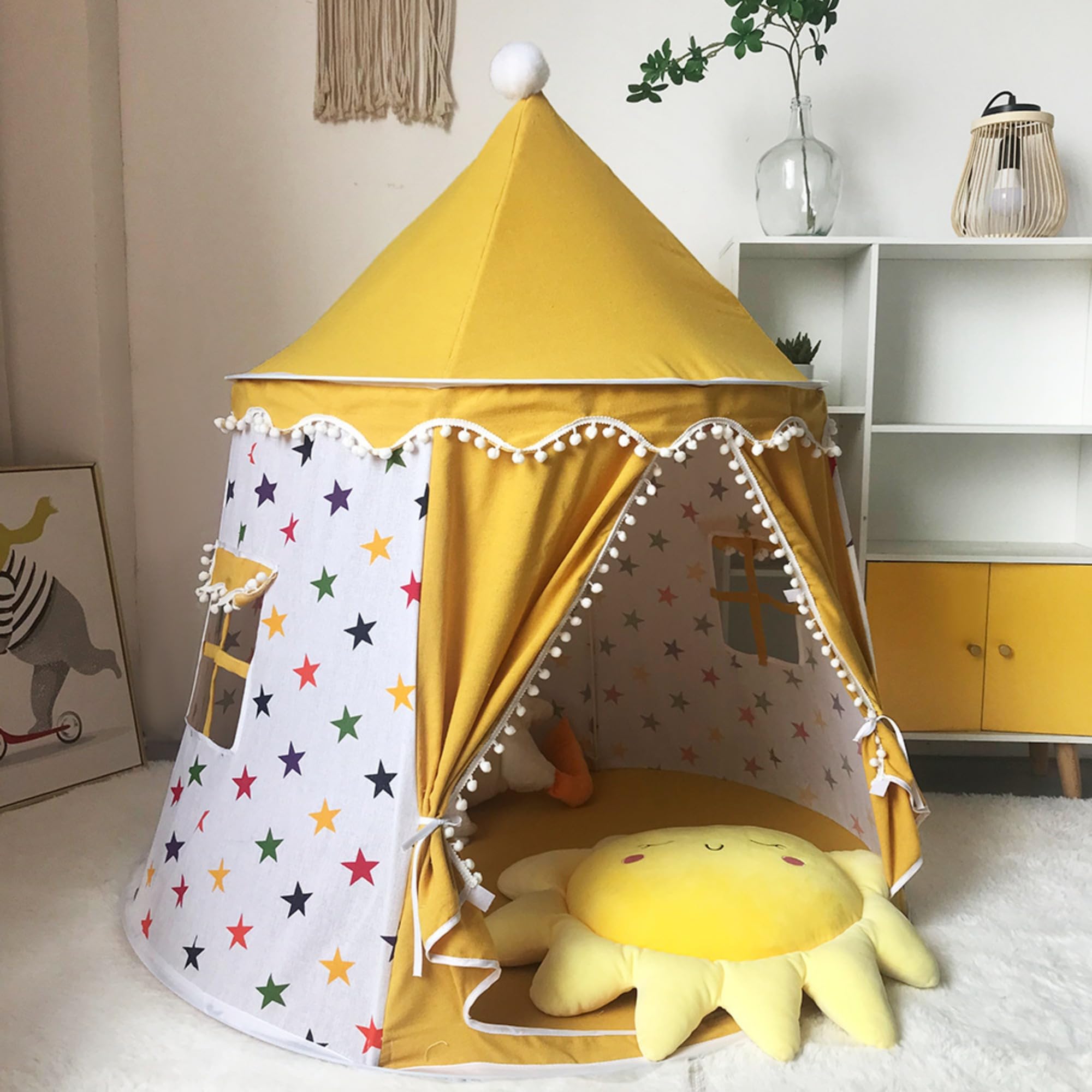 ZBELLO Kids Play Tent, 51x43 inch Kids Tent Indoor, Cotton Linen Prince Princess Castle, Children Gift for Game Party Birthday (Yellow Stars)