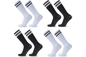 Xugoox 4 Pairs Soccer Socks Stripe Knee High Softball Sock Unisex Anti-Slip Long Socks Black and White Breathable Football So