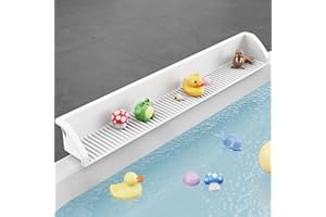 NFETLLD 3 Ft Bathtub Splash Guard for Tub Kids, Bath Tub Toy Holder Storage Play Shelf, Longer Silicone Water Splash Guard for Bathtub with Strong Suction Cups, No Mess Water Spill in Bathroom, White
