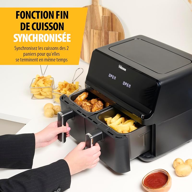 Airfryer Double Panier - Capacité 2 x 4 L - 2700 W - 8 programmes - Température réglable par panier, Noire