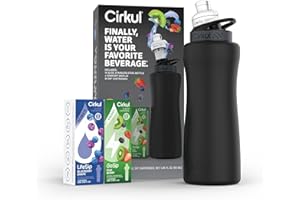 Cirkul 32oz. Matte Black Stainless Steel Water Bottle Starter Kit with Black Lid and 2 Flavor Cartridges (1 LifeSip Blueberry Grape, 1 GoSip Kiwi Berry) Zero Calories and No Sugar
