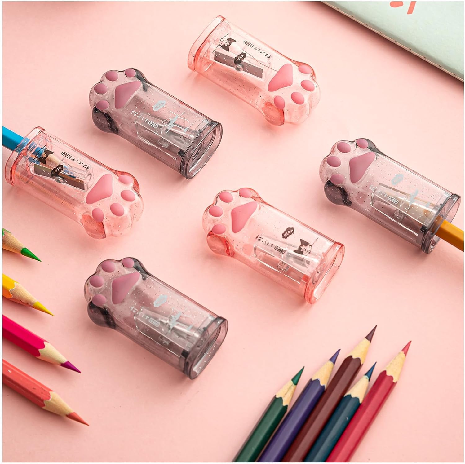6pcs Cute Cat Paw Pencil Sharpeners, Kawaii Manual Pencil Sharpeners, Pink and Grey Sharpeners with Lid for Adults, Kids and Students