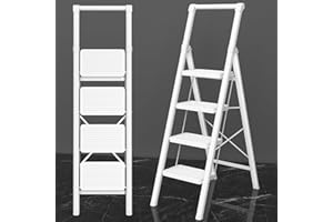 4 Step Ladder, DIAMONDFORGE Folding Step Stool with Wide Anti-Slip Pedal, Anti-Slip Feet and Handgrip, Sturdiest Steel Construction, Steel Ladder for Home, White