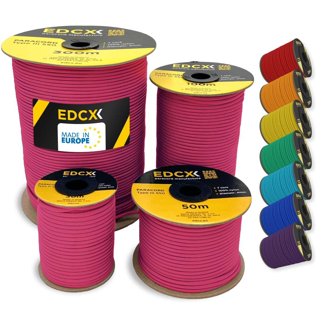 EDCX 4mm Nylon Paracord 550 50m (165 feet) | Ideal for Camping, Survival, Outdoor, Crafting, DIY | 100% Nylon Rope 4mm | Paracord 550 Type III in Solid Color (Sofit Pink, 50 m)