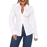 MISSACTIVER Women's Lapel Collar Button Down Shirt Cinch Waist Long Sleeve Casual Work Dressy Tunics Blouse Corset Tops