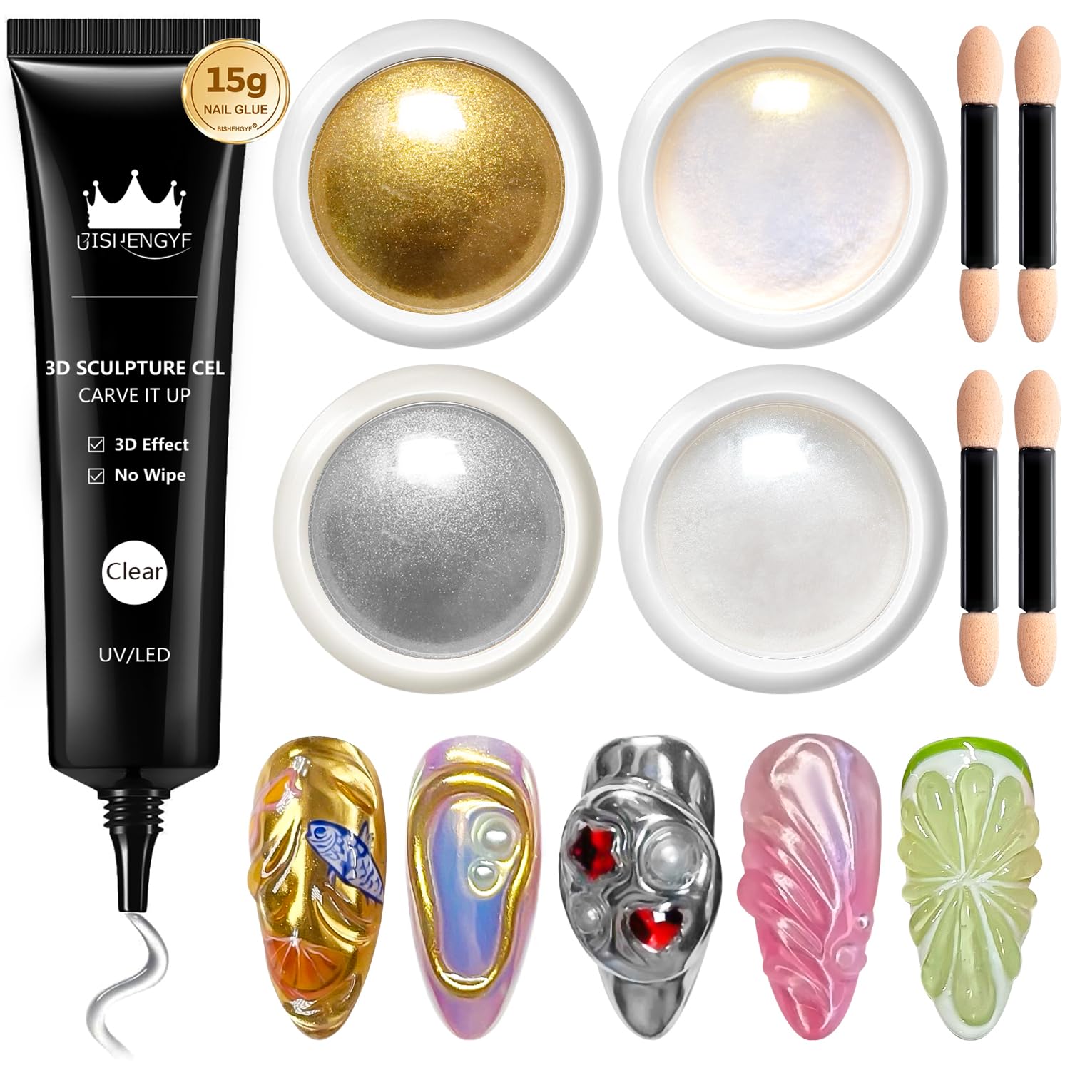 BISHENGYF 3D Nail Gel and Chrome Nail Powder Kit 03