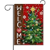 Dyrenson Welcome Christmas Tree Decorative Garden Flag, Red Xmas Ball Snowflake Farmhouse Yard Outside Home Decoration, Winter Holiday Rustic Burlap Outdoor Small Decor Double Sided 12 x 18