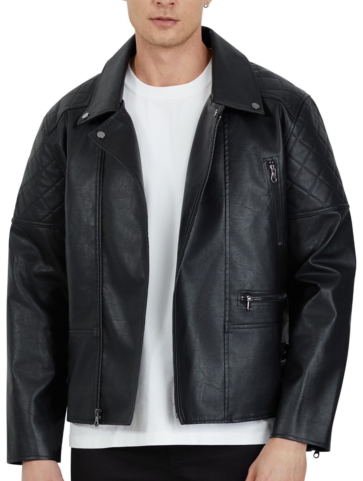 WULFUL Men's Leather Jackets, Faux Bomber Jacket for Men Motorcycle Lapel Asymmetric Zip-Up Slim Fit Biker Coat Image