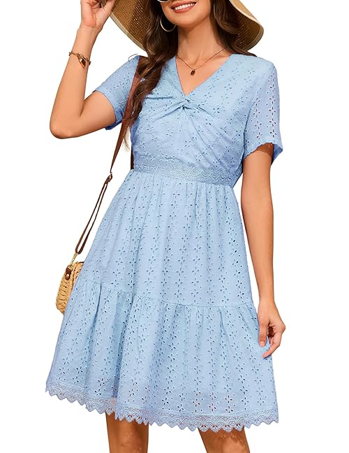 DRESSTELLS Summer Casual Dress for Women UK, Short Sleeves V-Neck Hollow Out Eyelet Lace Teens Cute Midi Beach Vacation Dresses Blue S