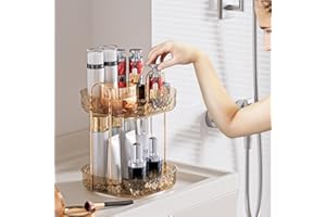 ZHIAI Rotating Makeup Organizer for Vanity, Perfume Organizer Large Bathroom Organizers and Storage, Skincare Organizers Lipstick Toiletry Spinning Holder Countertop 360 Spinning 2 Tier Amber