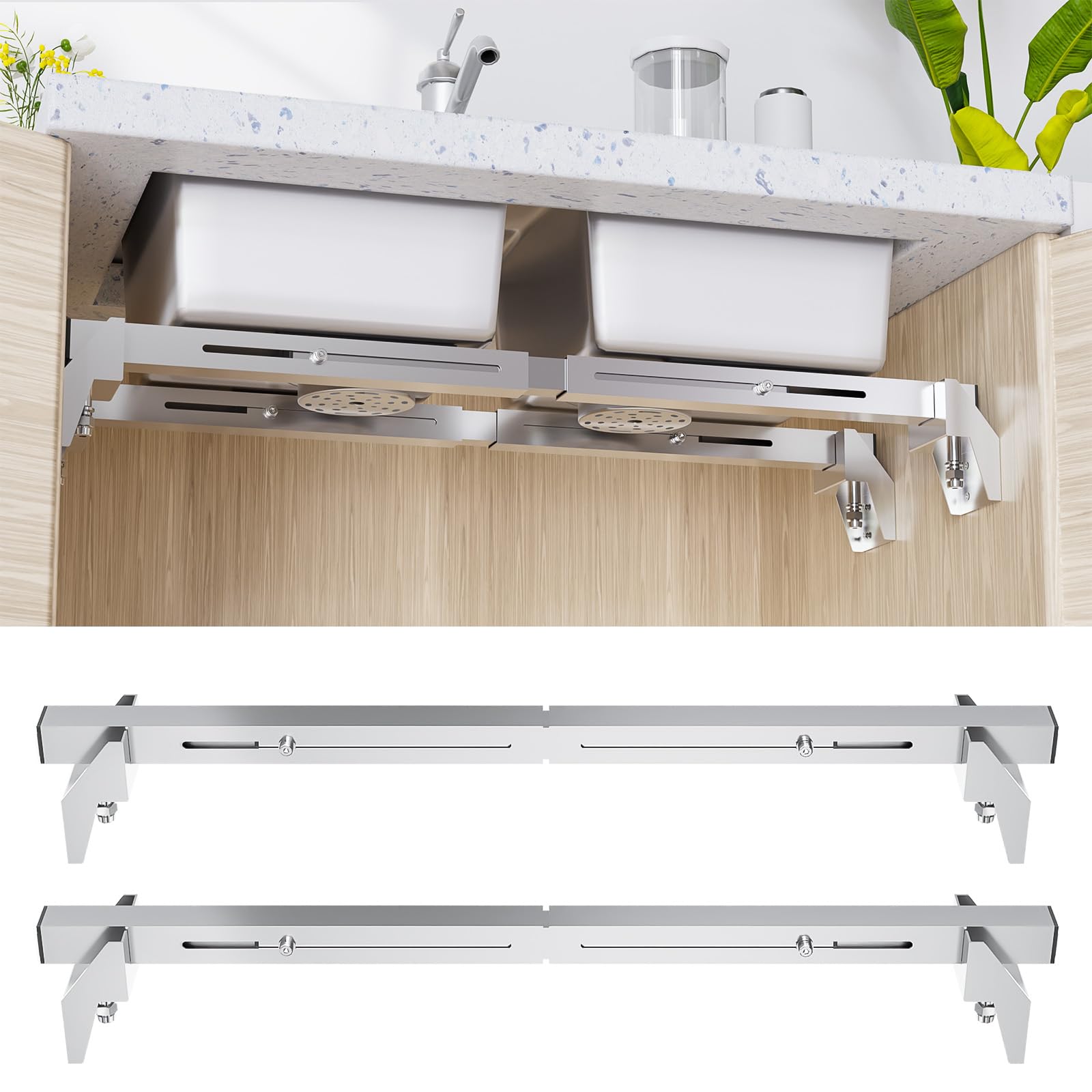 Photo 1 of Undermount Sink Brackets, Stainless Steel Adjustable Undermount Sink Support, Horizontal Installation Kit for Save Space, Heavy Duty Sink Repair System for Undermount Kitchen Bathroom (20-31.5 in)