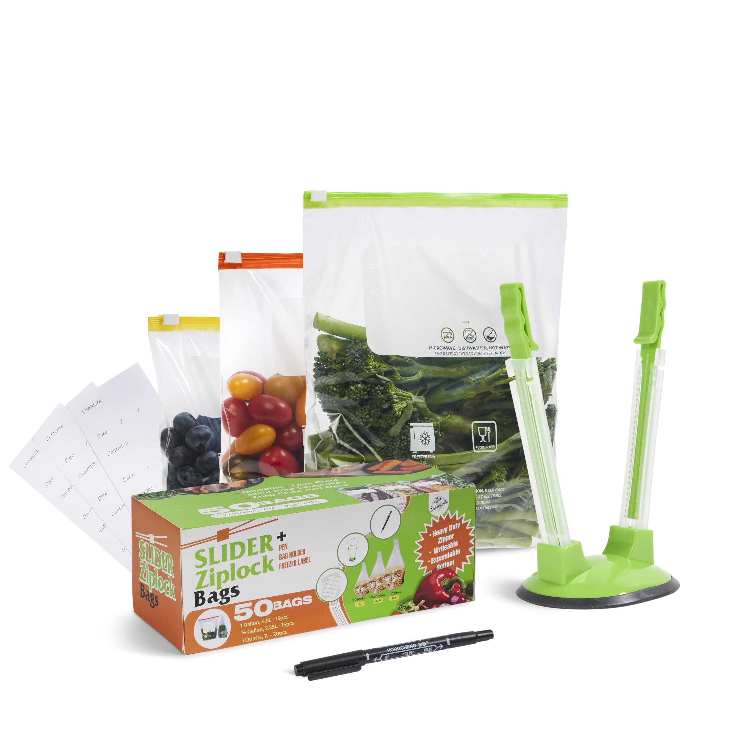 Photo 1 of ***Factory seal***

2Cee Essentials Slider Freezer Bag (50-Pcs), Reusable Food Bags Set – Large, Medium, Small Plastic Bags (4.5L, 2.25L & 1L), 50 sticker Labels, Ziplock bag holder, & Pen – BPA-Free, Food Storage Bag