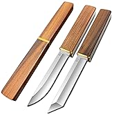 HOLYEDGE 2PCS Katana Japanese Fixed Blade Knife with Wood Handle - D2 Steel Tanto Knife + Drop Point Knifes with Wood Sheath - Tactical Hiking Camping Knives Hunting Survival Tools