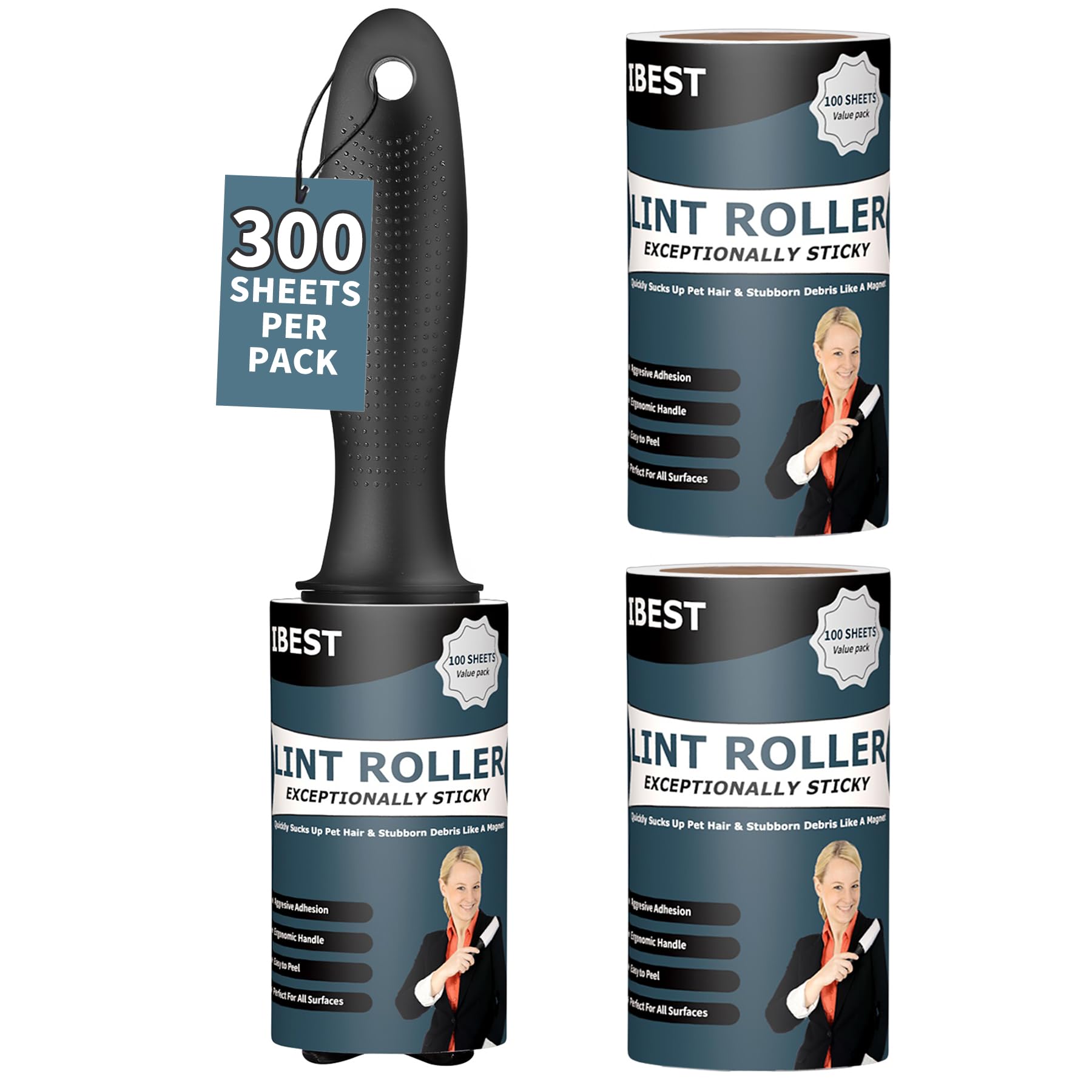iBest UK Lint Rollers For Pet Hair, Clothes, Carpet | Sticky Flint Fluff Dust Lint Remover | Pack of 3 Reusable Refills (300 Sheets)
